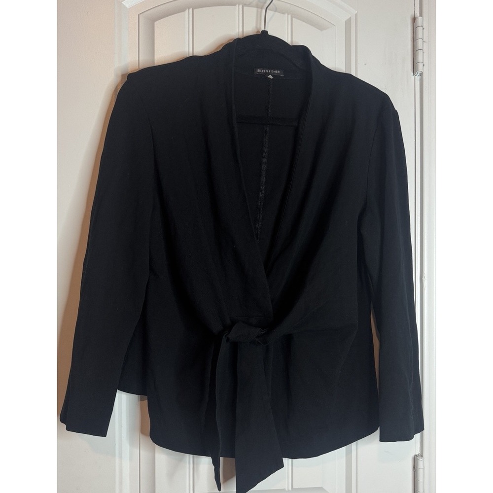 Eileen Fisher Black‎ Cardigan Button Front Tie Front Minimalist Luxury Size L
